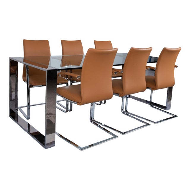 Swing Dining Table and Chairs in Leather and Glass from Tonon, Set of 7 For Sale