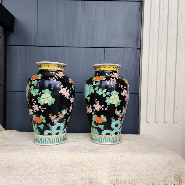 Stunning, very large heavy pair of Japanese famille noire vases that have had a previous life as lamp bases. They feature...