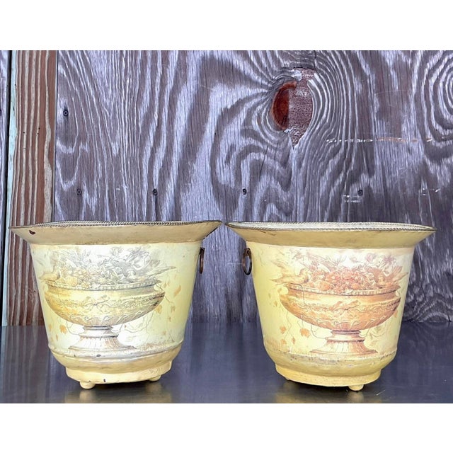 Light Yellow Vintage French Toile Metal Cache Pots - a Pair For Sale - Image 8 of 10