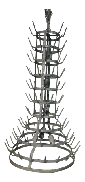 Antique Zinc French Bottle Drying Rack Made Into Chandelier