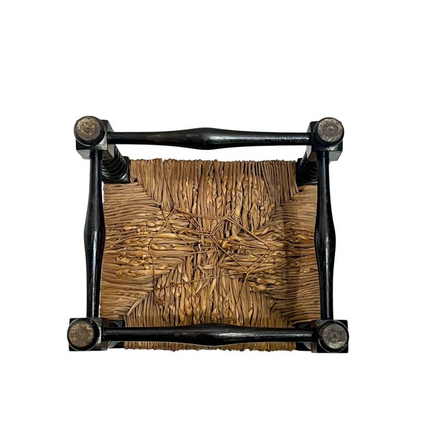 Antique English Jacobean Style Country Woven Rush Seat Stool With Bobbin Legs For Sale - Image 11 of 16