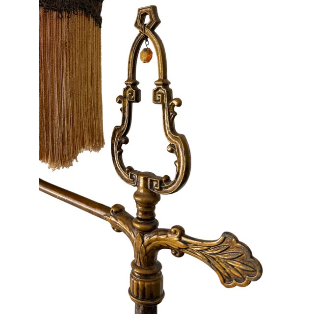 Victorian Vintage Victorian-Style Brass Down-Bridge Floor Lamp With Fringed Lace Shade For Sale - Image 3 of 5