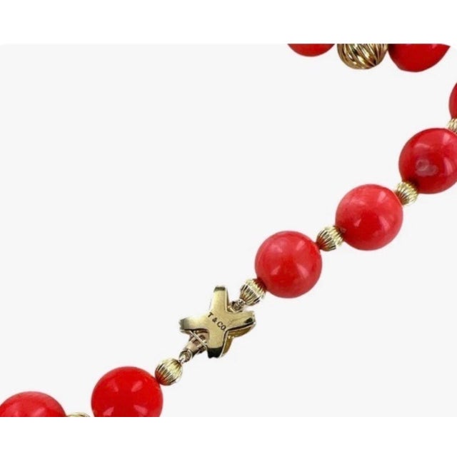 Tiffany and Co. Signed Tiffany & Co. Vintage Natural Coral & Yellow Gold Bead Necklace, 38" Long For Sale - Image 4 of 18
