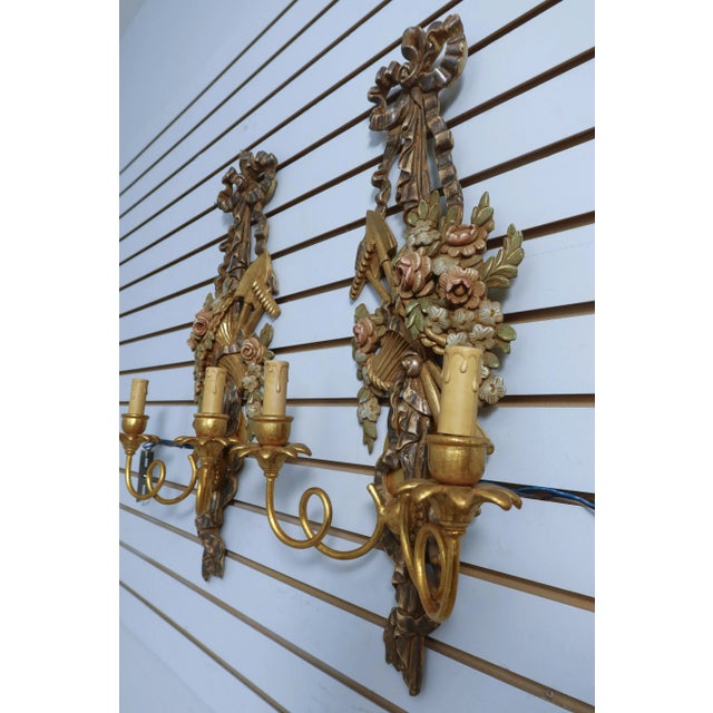 French Pair Country French Paint Decorated Candelabra Sconces For Sale - Image 3 of 8