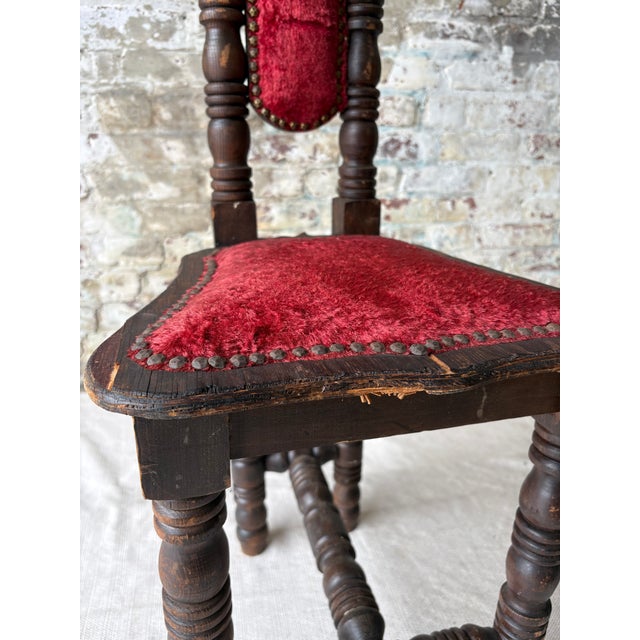 Vintage Spanish Revival Prayer Chairs With Red Velvet Upholstery – Pair For Sale - Image 13 of 18
