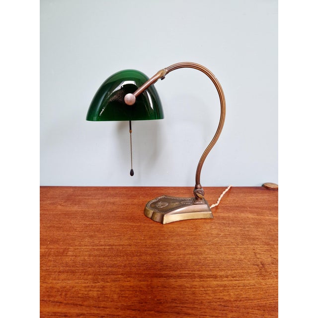 Articulated Brass Bankers Lamp with Green Opaline Shade, 1920s For Sale - Image 4 of 18