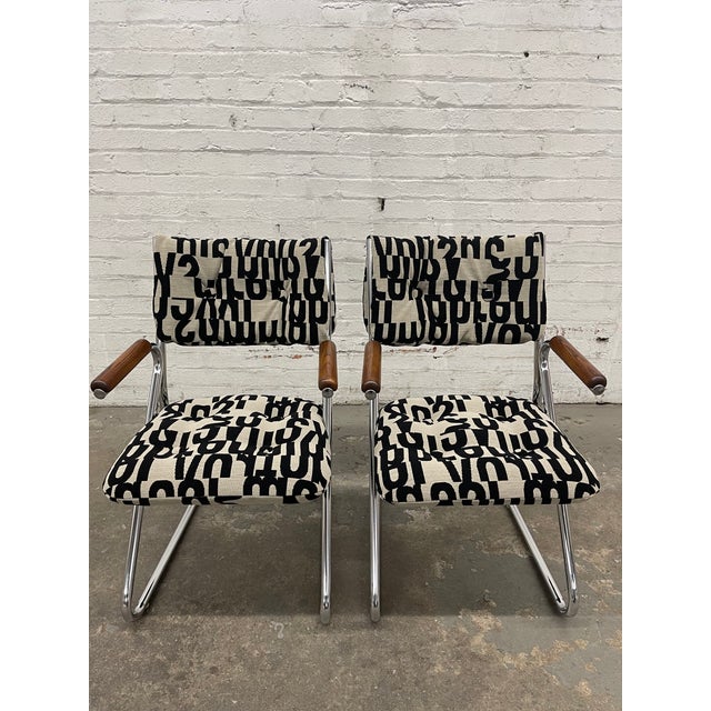 Mid 20th Century Set of 4 Vintage 1970’s Daystrom Chrome Tubular Dining Chairs With Wooden Armrests For Sale - Image 5 of 14