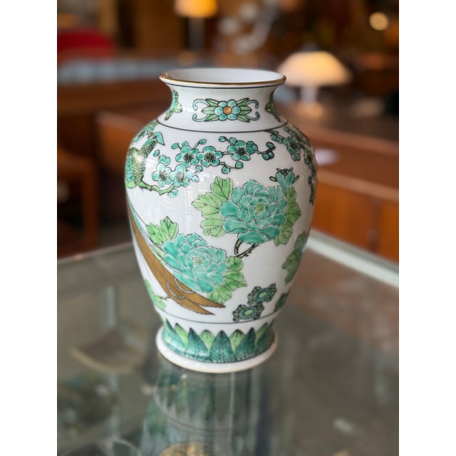 Gold Imari beautiful vase featuring peacocks. Hand painted. 10" tall 4" diameter