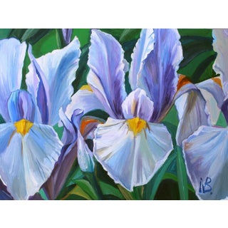 "Silver Beauty Irises" Contemporary Floral Still Life Oil Painting on Canvas by Natalia Bessonova For Sale