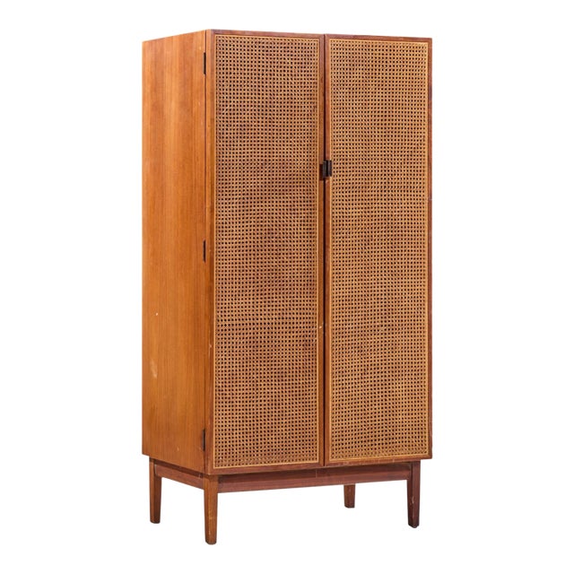 Kipp Stewart for Calvin Mid Century Walnut and Cane Front Cabinet Armoire For Sale