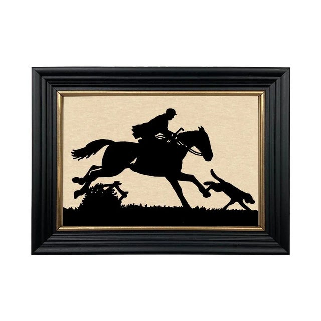 English Huntsman and Hound Equestrian Framed Paper Cut Silhouette in Black Wood Frame With Gold Trim For Sale - Image 3 of 3
