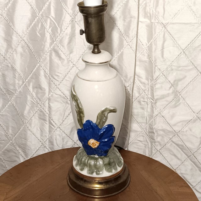 Vintage Ceramic Lamp With Raised Morning Glory Floral and Gilt For Sale - Image 18 of 18