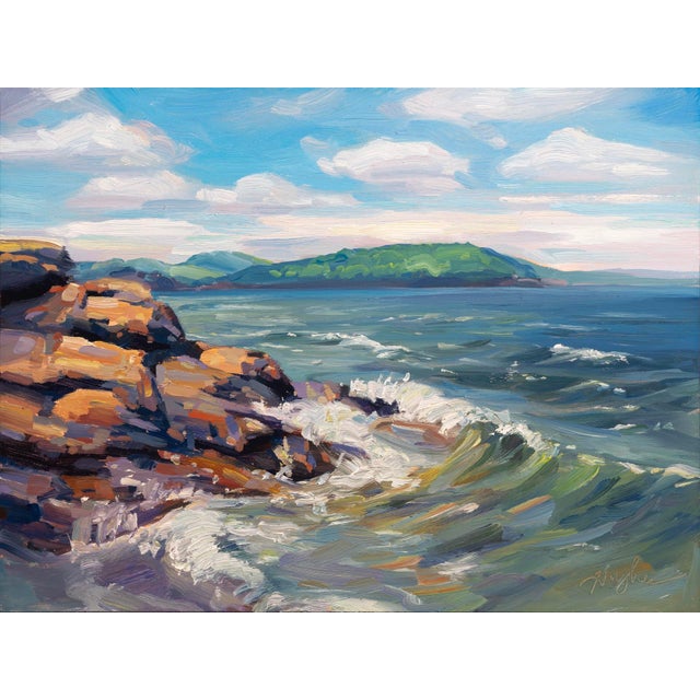 Presque Isle (Day 113), June 7, 2024 by Primary Hughes | Oil on gessobord Seascape with rocky shore and waves For Sale
