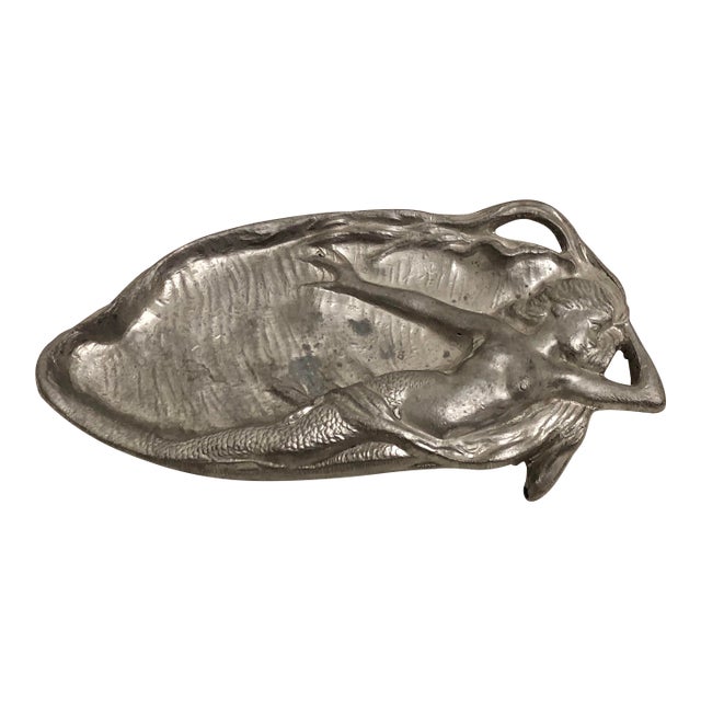 Antique Art Nouveau Metal Female Nude Mermaid Trinket Tray Dish Early 1900's For Sale