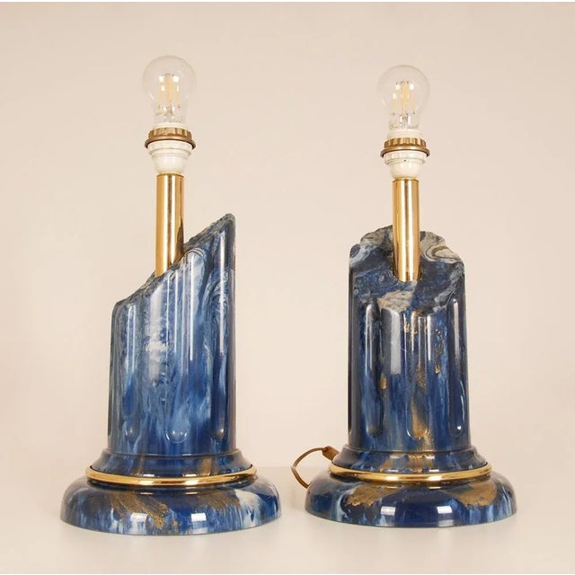 Fratelli Toso Vintage Italian Table Lamps Lapis Lazuli Marble Blue Gold Column Lamps a Pair For Sale - Image 4 of 11