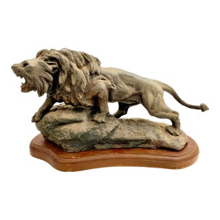 1909 Roaring Lion Sculpture Antique Metal Statue Signed D&JR T. Cartier For Sale