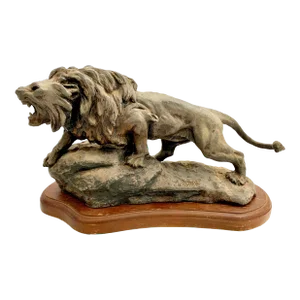 1909 Roaring Lion Sculpture Antique Metal Statue Signed D&JR T. Cartier
