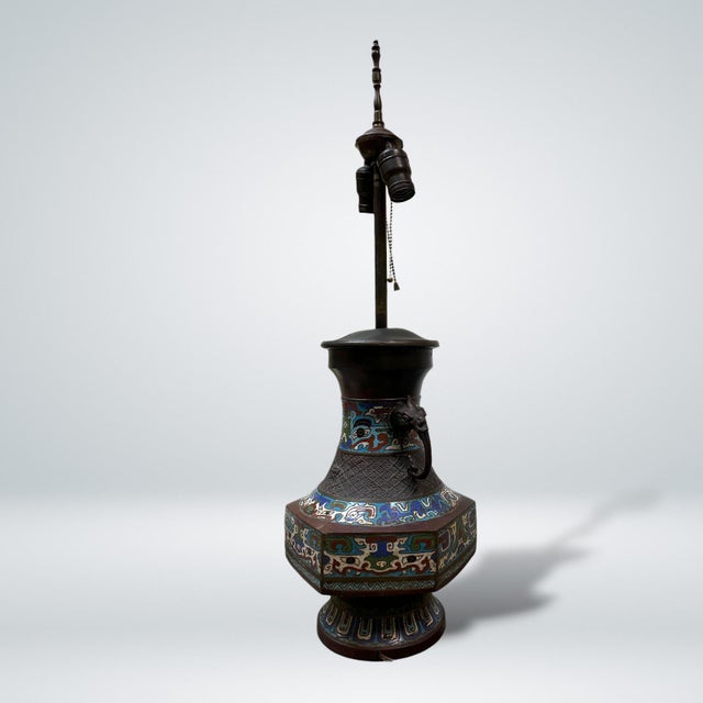 Chinese Dragon Handle Bronze Cloisonné Lamp, Early 20th Century For Sale - Image 4 of 11