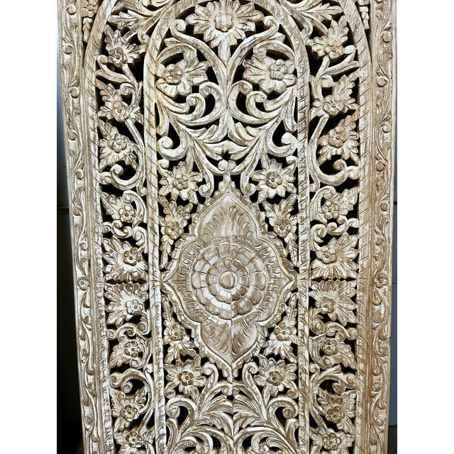 Vintage Carved Jali Barn Door | Whitewashed Patina Room Divider 80x36 For Sale In Orlando - Image 6 of 7