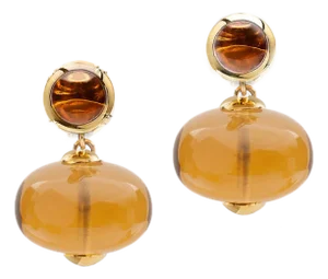 Citrine Cabochon with Citrine Bead Earrings, A Pair