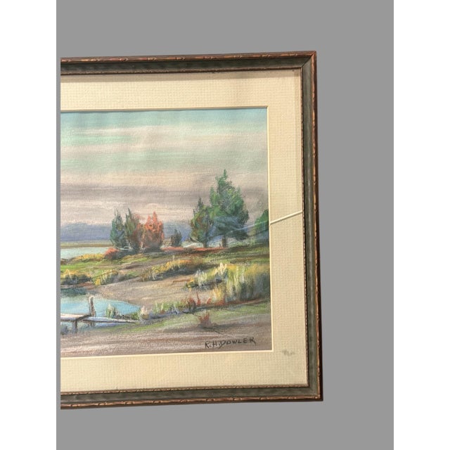 Mid 20th Century Vintage Riverside Landscape Framed Pastel Watercolor Painting With Sailboat For Sale - Image 5 of 6