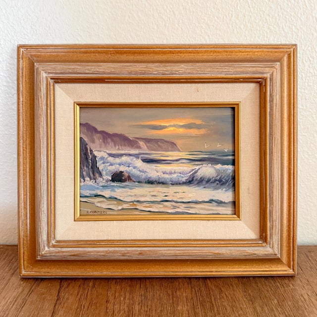Lovely little oil painting on Masonite board, depicting an ocean tide coming in at the Southern California cliffs during...