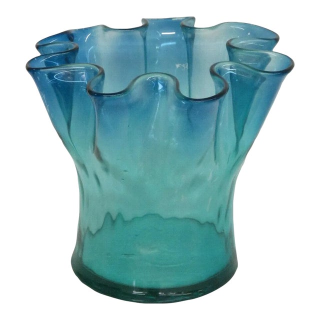 Mid Century Modern Blue Art Glass Ruffled Rim Handkerchief Bowl Vase For Sale