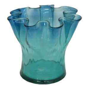 Mid Century Modern Blue Art Glass Ruffled Rim Handkerchief Bowl Vase