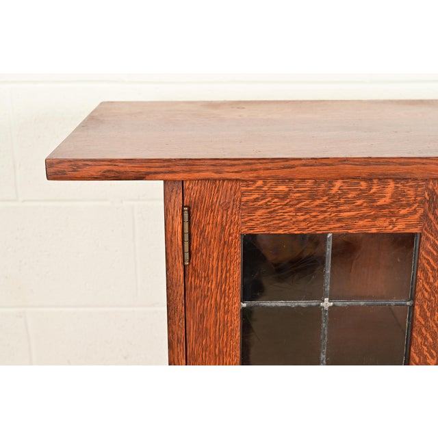 Stickley Harvey Ellis Collection Arts & Crafts Inlaid Oak and Leaded Glass Bookcase With Drop Front Secretary Desk For Sale - Image 11 of 18