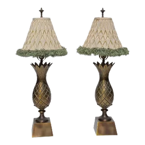 Pair of Mid 20th Century Hollywood Regency Brass Pineapple Lamps With Original Shades & Finials
