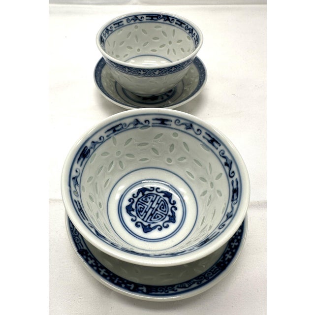 Vintage Chinese Rice Grain Blue & White Tea Cups & Saucers - Signed - Set of 4 For Sale In Portland, ME - Image 6 of 13