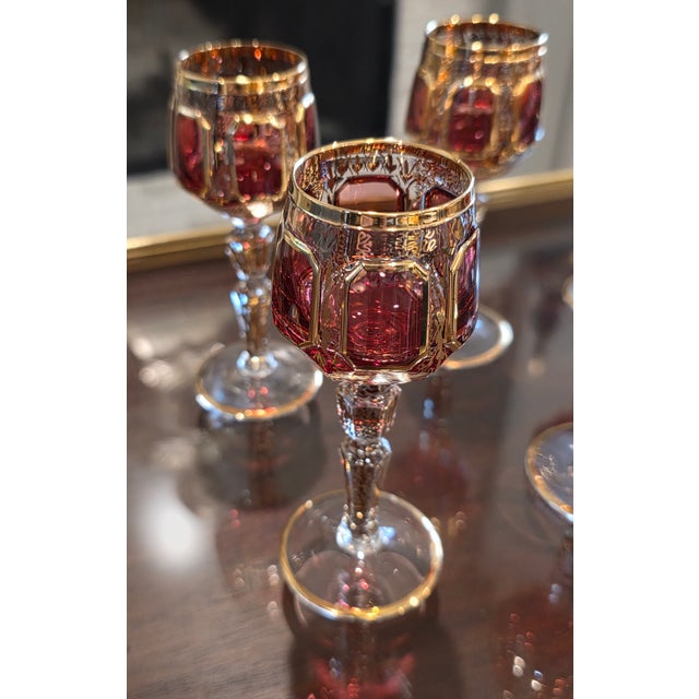 Early 20th Century Moser Bohemian Cut to Clear Paneled Cranberry Red Gold Gilt Stemmed Cordial Glasses - Set of 8 For Sale - Image 13 of 18