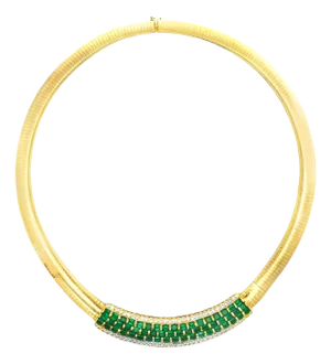 9.6 Carat Natural Emerald & Diamond Herringbone Style 18k Gold Necklace