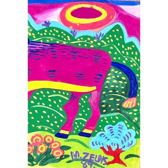 Folk Art Malcah Zeldis, Malcah Zeldis Folk Art Gouache Painting Mod Bull Jewish Woman Outsider Artist, 1989 For Sale - Image 3 of 10