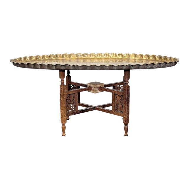 Brass Tray Top Coffee Table on Wood Stand For Sale