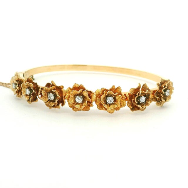 Gold Antique English Victorian Diamond Wild Rose Floral Bangle Bracelet in 15k Gold For Sale - Image 8 of 10