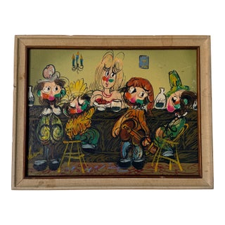 1970's Vintage Cartoon Style Whimsical Bar Scene Oil on Canvas Painting For Sale
