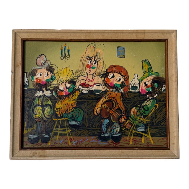 1970's Vintage Cartoon Style Whimsical Bar Scene Oil on Canvas Painting For Sale