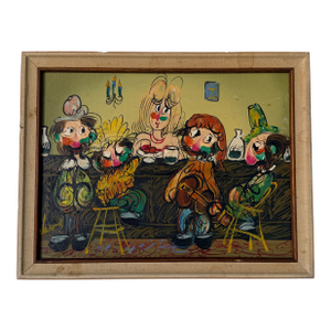 1970's Vintage Cartoon Style Whimsical Bar Scene Oil on Canvas Painting