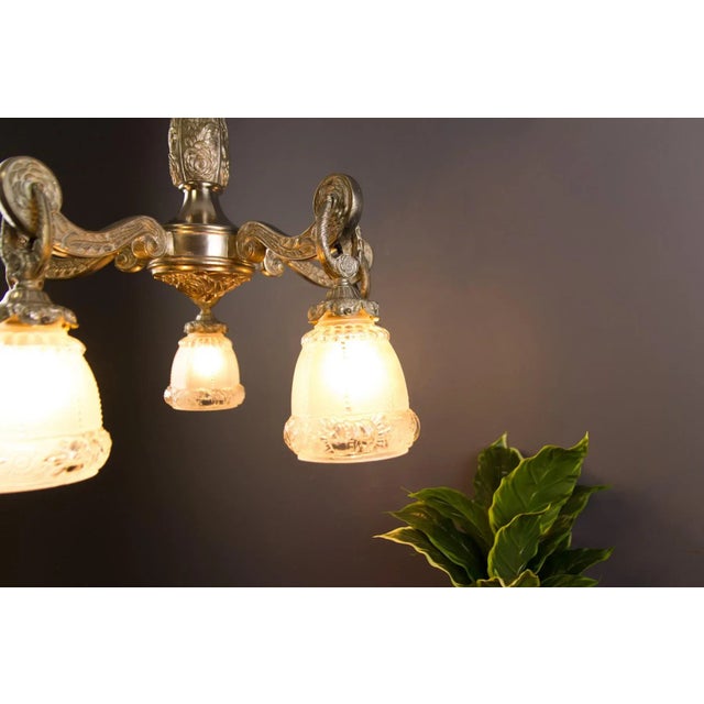 Art Deco Style Bronze and Frosted Glass Floral Chandelier, 1930s For Sale - Image 3 of 18