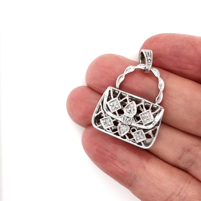 Contemporary Mid 20th Century 14k Yellow Gold Diamond Purse Charm Pendant  Open Handbag Design For Sale - Image 3 of 9
