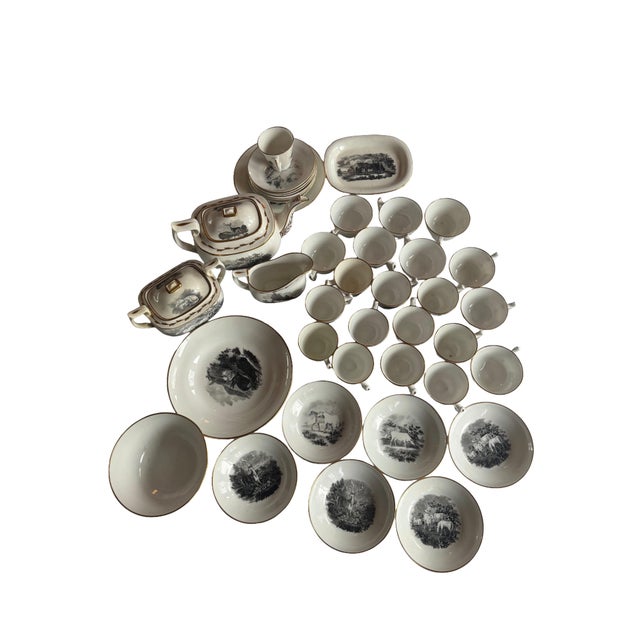 Early 1800s RARE 40 pieces of Spode bone china tea service. Motif has bat-printing transfer black images of animals in...