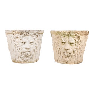 P1990s Pair of Monumental Cast Stone Lion Head Garden Planters | Classical Estate Urns | Architectural Outdoor Planters For Sale