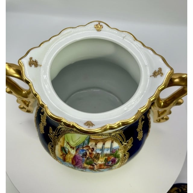 French Late 20th Century French Sèvres Style Cobalt Blue & Gilt Porcelain Lidded Decorative Urn For Sale - Image 3 of 11