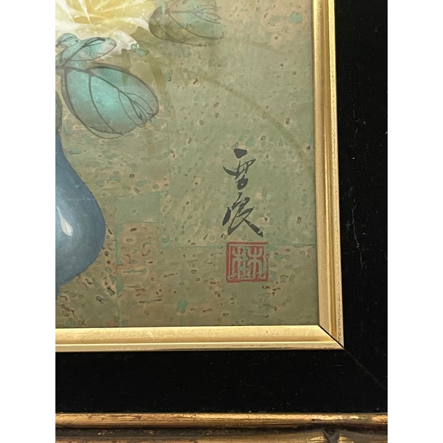 1940s Gorgeous Pair of Chinese Floral Watercolors Signed Framed For Sale - Image 5 of 9