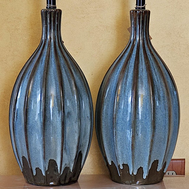 Turquoise Pottery Table Lamps – Mid‑Century Style, 32" - a Pair For Sale - Image 9 of 18