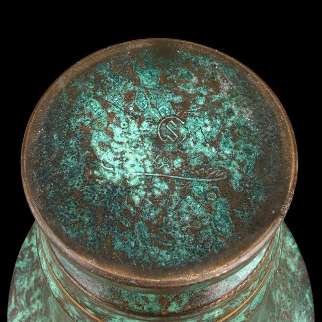Metal Vintage Carl Sorensen Art Deco Verdigris Bronze Trumpet Vase With Gilt Rings For Sale - Image 7 of 8