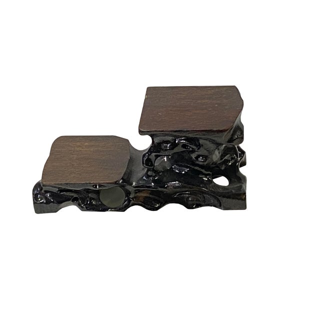 Asian Small Miniature Two Tier Brown Carved Rock Base Look Wood Stand For Sale - Image 3 of 7