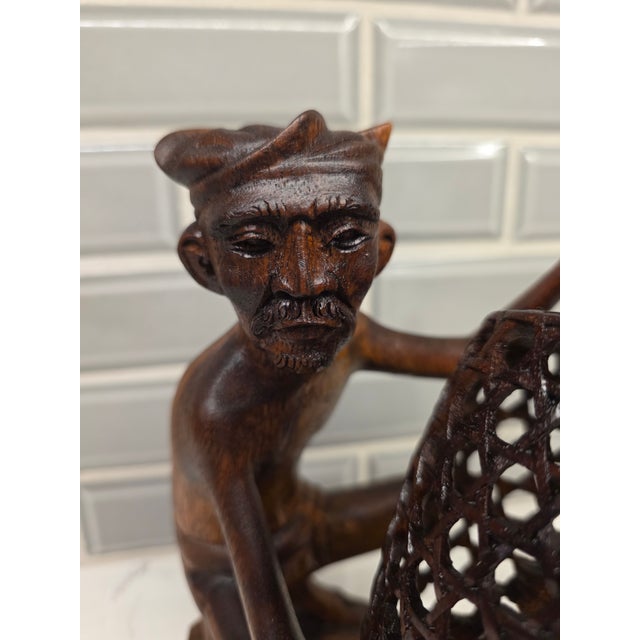 Burnt Umber Large 8.5" Mid-Century Balinese Teak Cockfighter With Tripple-Rooster Openwork Cage Masterwork For Sale - Image 8 of 12