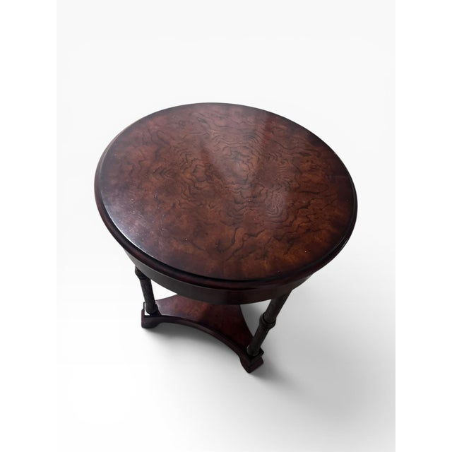 Early 21st Century Theodore Alexander Burl Wood Accent / Martini Table With Drawer & Engraved Metal Supports For Sale - Image 5 of 10